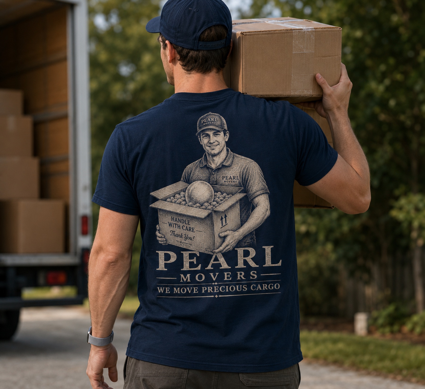 Pearl Movers crew member carrying a branded moving box
