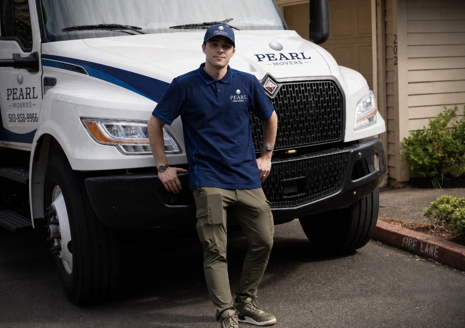 Pearl Movers branded truck and crew member prepared for a move