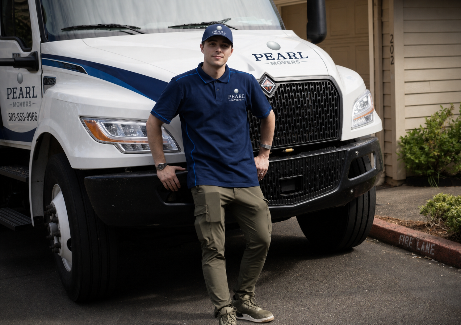 Pearl Movers branded truck and crew member prepared for a move