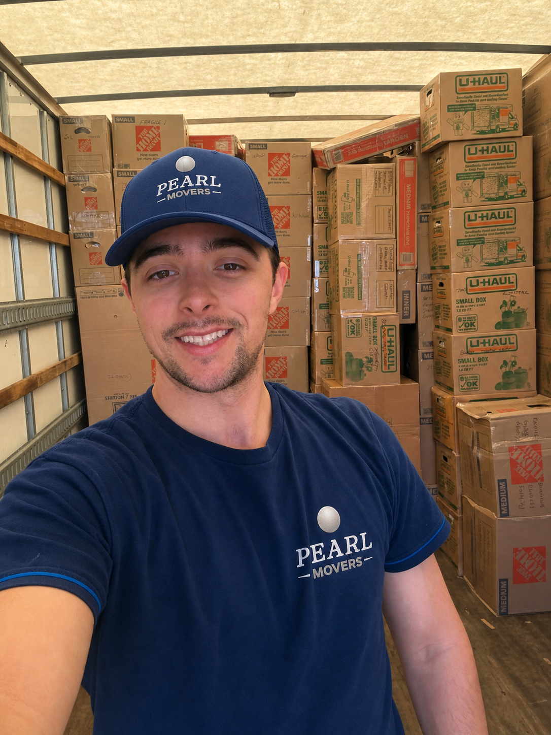 Pearl Movers crew member inside a loaded moving truck