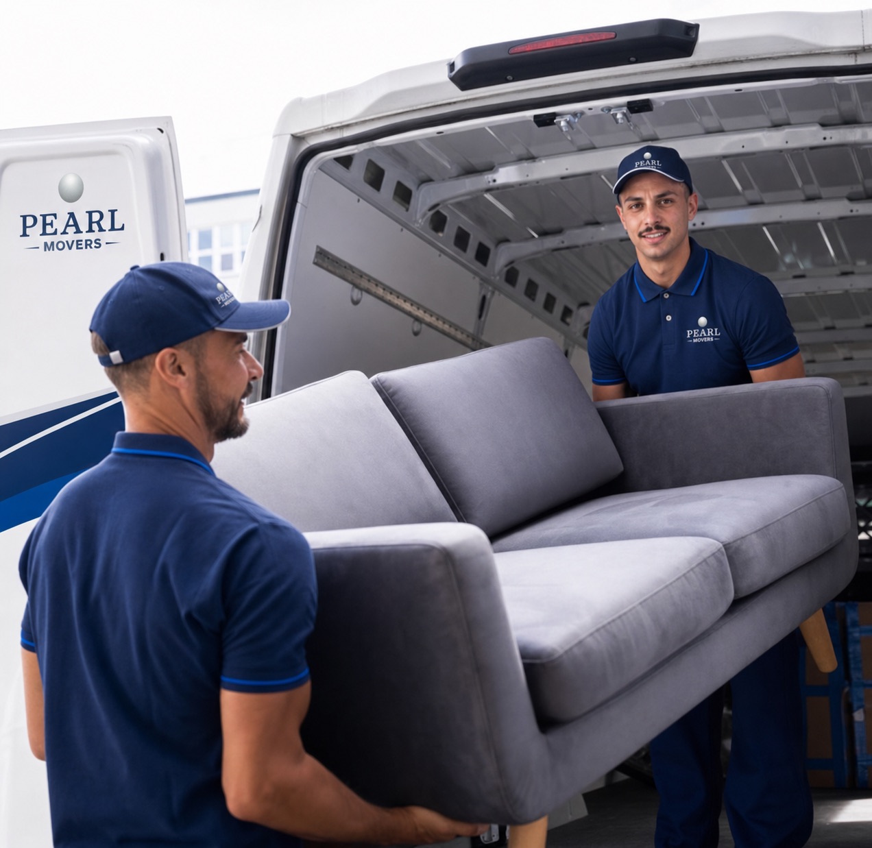 Pearl Movers branded movers loading a sofa into a moving truck