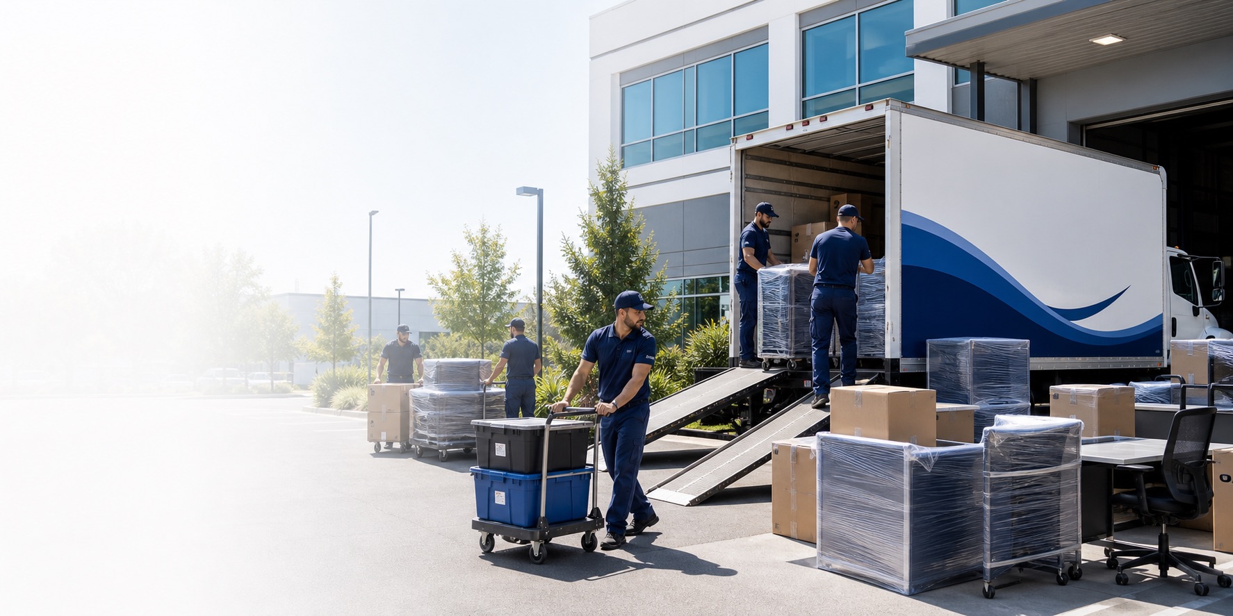 Labeled bins and equipment staged for a commercial move