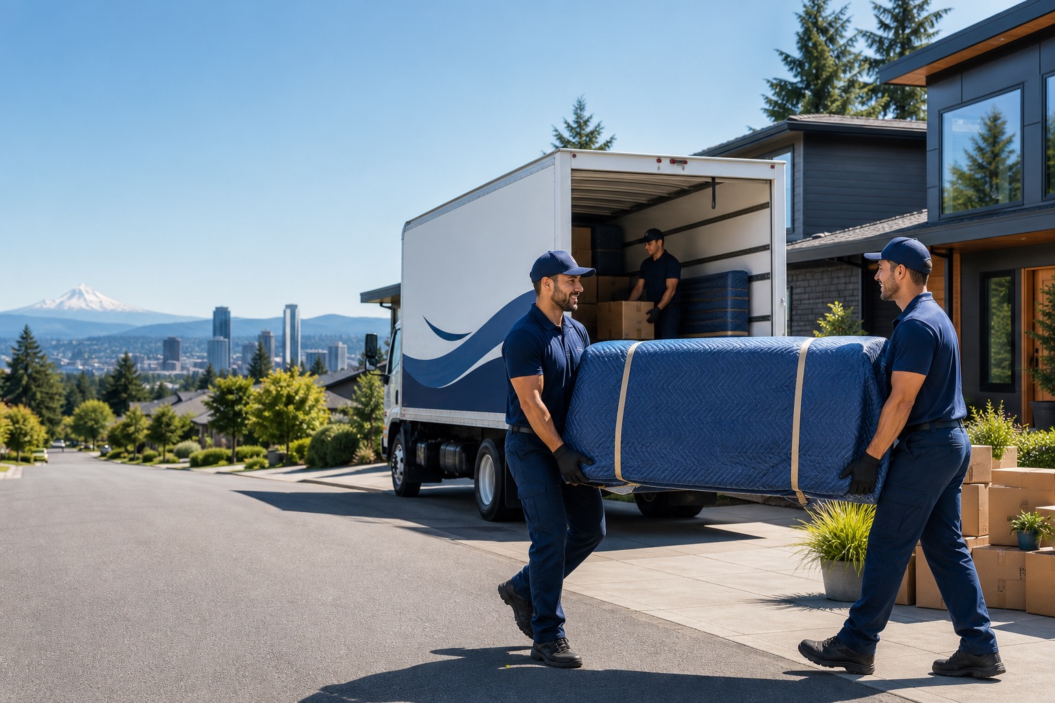Pearl Movers crew loading a sofa into a moving truck