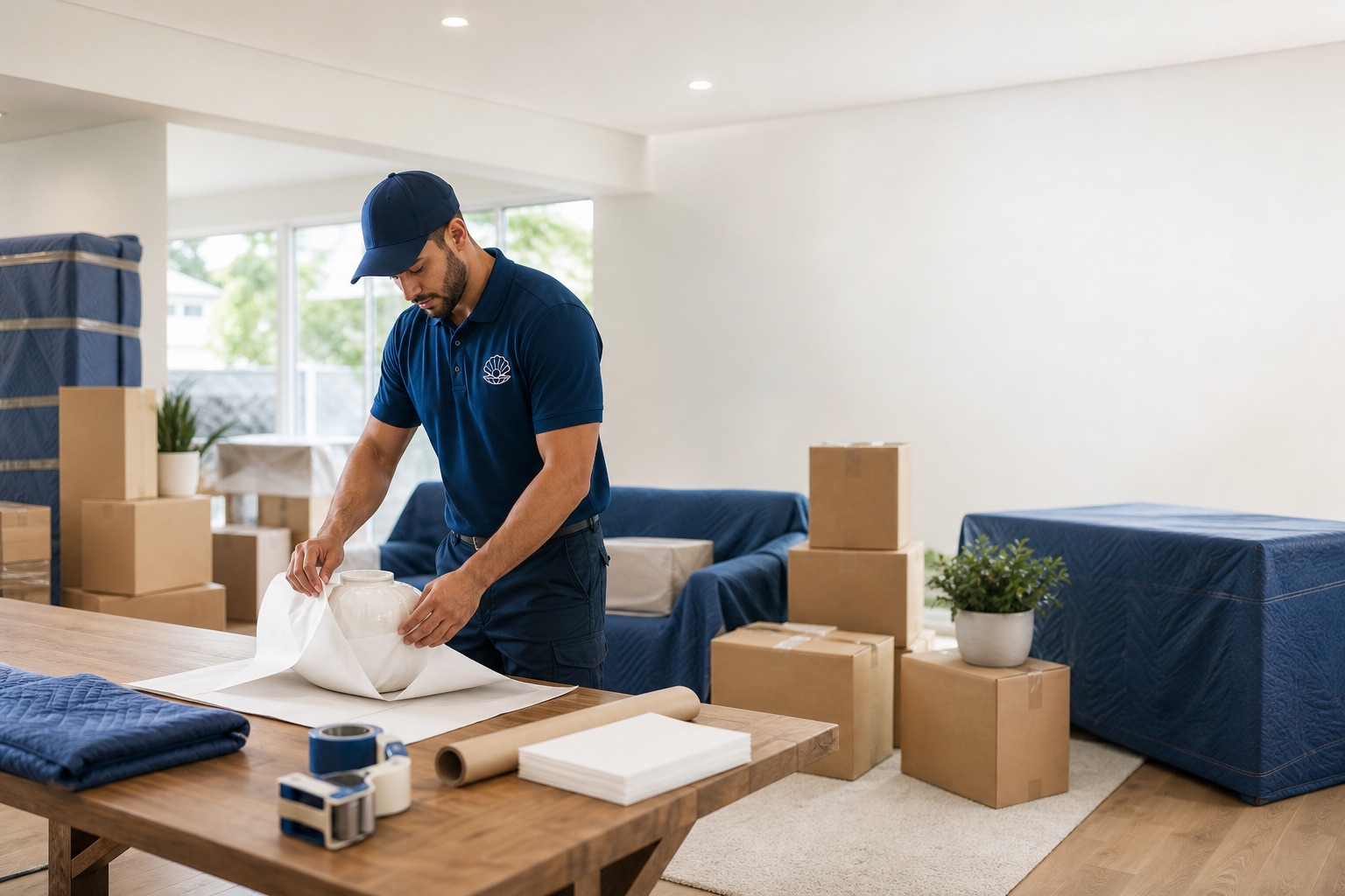 Furniture wrapped in moving blankets and protective material